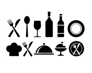 Collection of restaurant and food icons in silhouette isolated on white background
