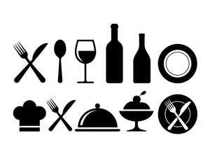 Collection of restaurant and dining icons in silhouette isolated on white background