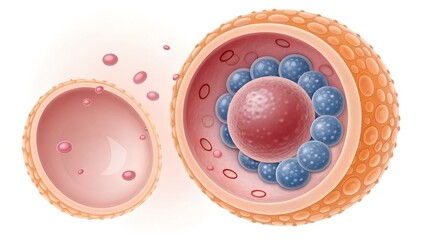 Fototapeta premium Formation of the blastocyst — fluid-filled cavity developing, inner cell mass forming, outer trophoblast layer preparing for implantation