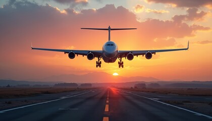Fototapeta premium Commercial airplane descends onto runway at vibrant sunset. Air traffic control operations observe aircraft arrival against dramatic sky. Aviation technology ensures safe flight, journey, travel,