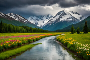 Fototapeta premium River Through Meadow with Wildflowers and Snowy Mountains