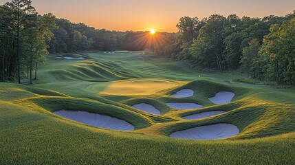 Greens at twilight, a view of golf course's turf