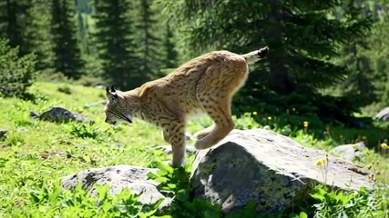 A wild lynx showcasing its agility while leaping over rocks in a vibrant green forest.
