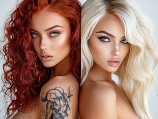 Obraz premium A mesmerizing image featuring two stunning models, flaunting modern beauty trends and expressions, highlighting the essence of contemporary fashion and individuality in style.