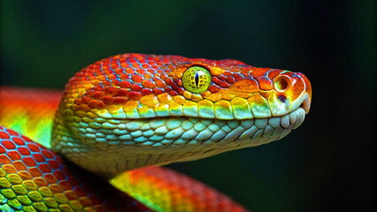 Obraz premium Vibrant pit viper head with striking green eye, showcasing intricate scales and vivid colors in a close-up