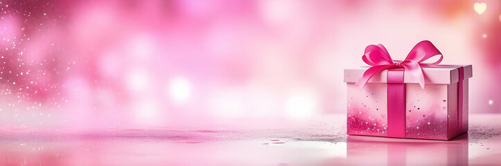 Pink gift box with bow on blured bokeh background. Banner