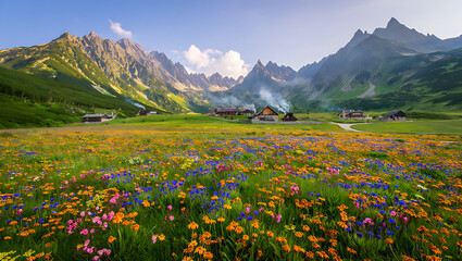 Vibrant wildflower meadow with mountain village and peaks at sunrise wildflowers flowers