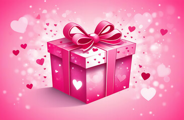 Pink gift box with bow on blured bokeh background. Banner