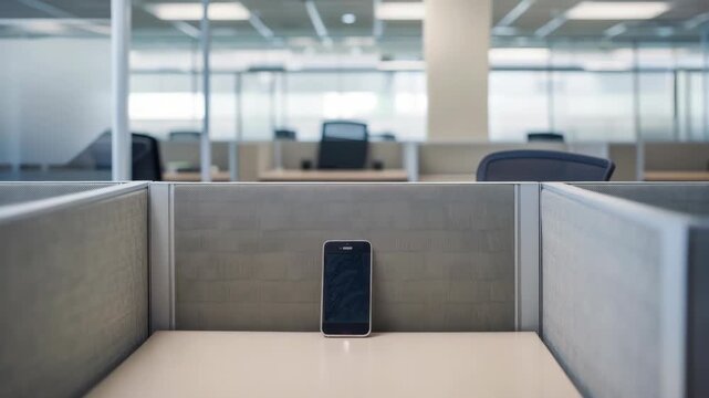 Smartphone on desk in empty office cubicle