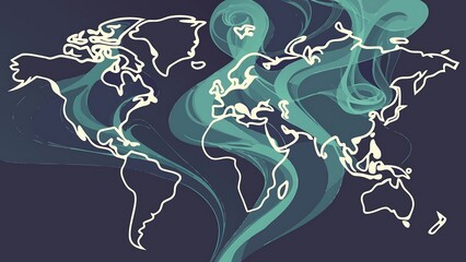 World map with swirling green smoke isolated on white background