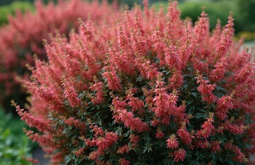 Berberis thunbergii Rose Glow shrub displays vibrant pinkish-red flower spikes. Ornamental barberry bush features dense foliage with deep green leaves, creating striking contrast. Ideal for