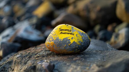 Painted rock with yellow and gray, promoting sarcoma awareness