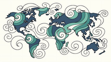 Artistic world map with swirling green and blue designs isolated on white background