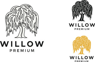 Three willow tree logos in black outline, solid black, and gold with premium text below © Rohan
