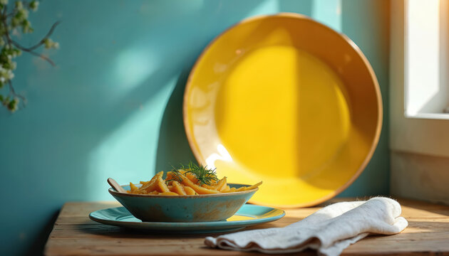 Vibrant yellow plate, blue bowl with pasta set on rustic wooden table. Natural light creates cheerful, inviting atmosphere. Perfect for kitchen, dining, home decor, food presentation, table settings.