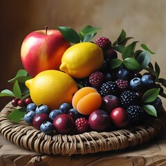 fruits in basket,fruit basket with berries,Freshly isolated fruits like apples, oranges, grapes, and berries are arranged in a healthy, colorful basket