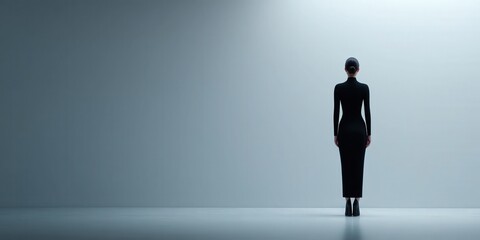 Fototapeta premium Elegant Woman in Black Dress Standing Alone in Minimalist Space