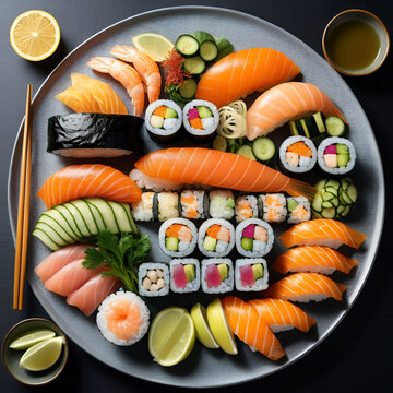 mimeograph lithograph Holographic of A beautifully presented sushi platter featuring a mix of seafood, vegetables, and garnishes, being lifted with chopsticks, designed to emphasize texture and
