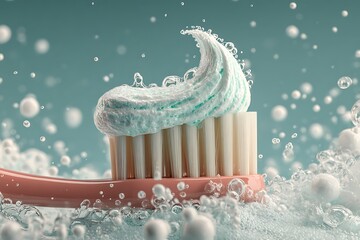 Toothbrush with Minty Toothpaste Foam Splashing in Fresh Background.