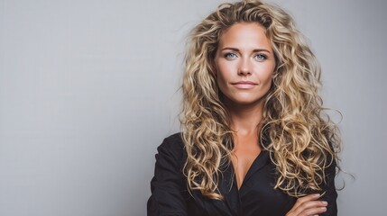 Confident Woman with Curly Hair Posing Against a Neutral Background