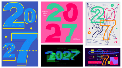 Set 2027 New Year logo. Modern creativity design for tech presentations, greeting card, invitation, calendar, social media, poster, banner, cover in 2027 trends. Vector illustration.
