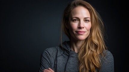 Fototapeta premium Confident Woman with Long Hair in Casual Attire Against a Dark Background
