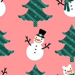 Christmas tree seamless snowman pattern for wrapping paper and fabrics