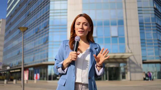 Professional female reporter delivering live news report in urban city environment, showcasing effective communication and journalism skills