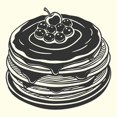 Delicious isolated stack of pancakes with chocolate and jam on a white plate for breakfast