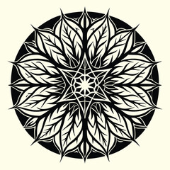 Elegant black and white floral mandala pattern with abstract flower illustrations and vintage leaf elements for seamless design decoration or fabric texture