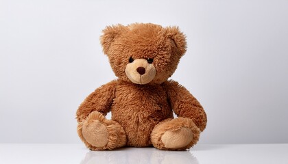 Obraz premium a fluffy brown teddy bear sits alone on a white surface