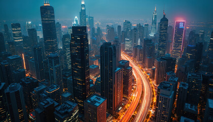Obraz premium Nighttime aerial view of bustling cityscape illuminated skyscrapers, vibrant light trails from traffic. Modern urban architecture defines dynamic downtown area, creating energetic atmosphere of city