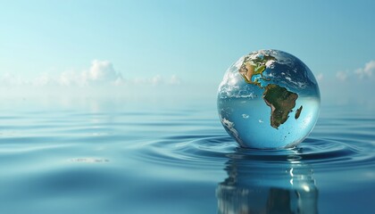Glass globe of Earth floats on calm blue water surface under clear sky. Environmental awareness, global unity, sustainability. Represents harmony, peace, purity, conservation of fragile planet.