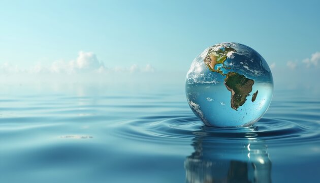 Glass globe of Earth floats on calm blue water surface under clear sky. Environmental awareness, global unity, sustainability. Represents harmony, peace, purity, conservation of fragile planet.