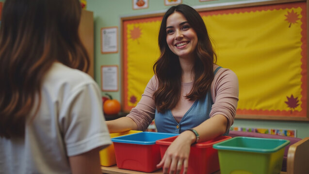 Latina Teacher Getting Classroom Ready for Fall