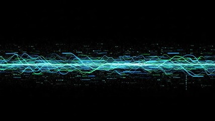 Abstract Digital Waveforms: Glowing Teal  Green Energy Flowing Across Black Background. - Powered by Adobe