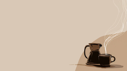 Coffee pot and cup illustration with steam rising, set against a soft beige background, creating a warm and inviting atmosphere for beverage lovers and design enthusiasts