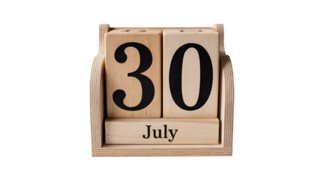 Wooden perpetual calendar displays July 30, perfect for daily date tracking and planning