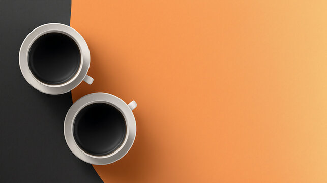 Two white coffee cups filled with dark coffee are placed on a stylish black and orange background, creating a modern and inviting atmosphere for coffee lovers and enthusiasts