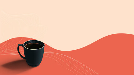 Black coffee cup placed on a warm-toned surface with abstract wavy design in the background, creating a cozy and inviting atmosphere for relaxation and enjoyment