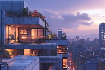 Fototapeta premium modern high-rise apartment with balcony overlooking city skyline during sunset. warm interior lights, lush plants, and urban landscape create cozy atmosphere. architecture, real estate, urban living.