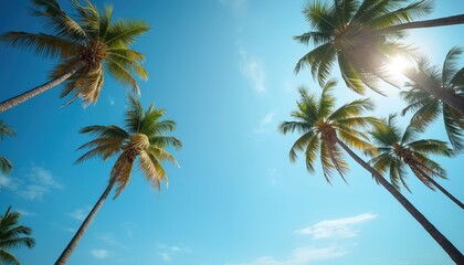 Palm trees reach towards a bright blue sky, offering a tropical paradise scene. Sunlight filters through green leaves, suggesting a warm sunny day perfect for vacation or travel.