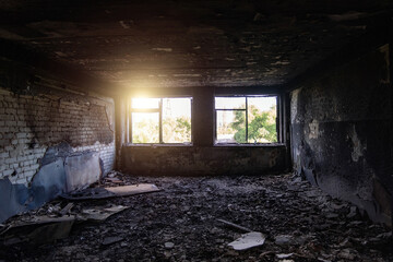 Burned interiors after fire in industrial or office building
