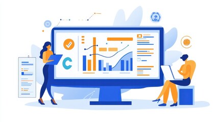 Two people working with data displayed on a large screen.