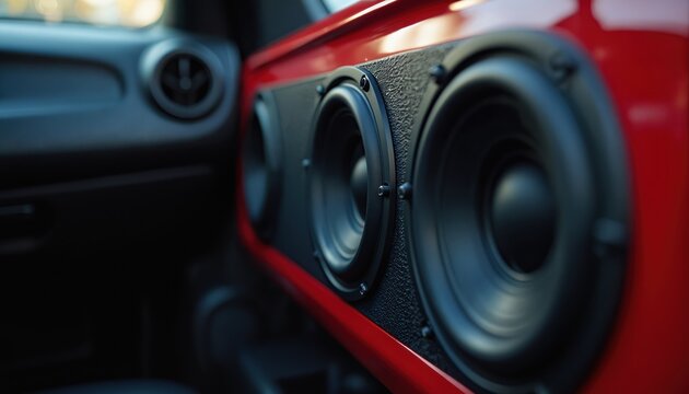 Custom car door panel features three black midrange speakers with red trim. High-fidelity audio system upgrade for enhanced sound. Ideal for automotive enthusiasts seeking superior music experience