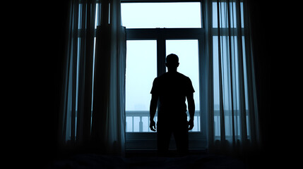 Fototapeta premium Alone man silhouette staring at the window closed with curtains in bedroom. Man stands at window alone