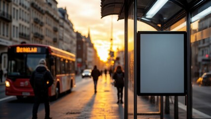 Obraz premium Bus stop poster mockup at sunset, modern glass shelter with people in winter clothes walking nearby, bus passing in background, urban street, advertisement billboard.