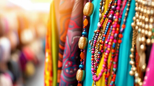 Colorful clothes and beads at a market