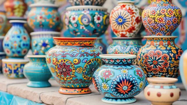 Colorful ceramic pots with intricate designs