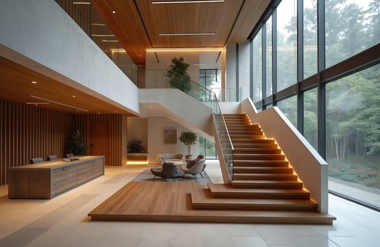 Fototapeta Modern building interior features open-plan design with prominent wooden staircase bathed in natural light. Floor-to-ceiling windows offer views of plants. Minimalist furniture, warm wood accents